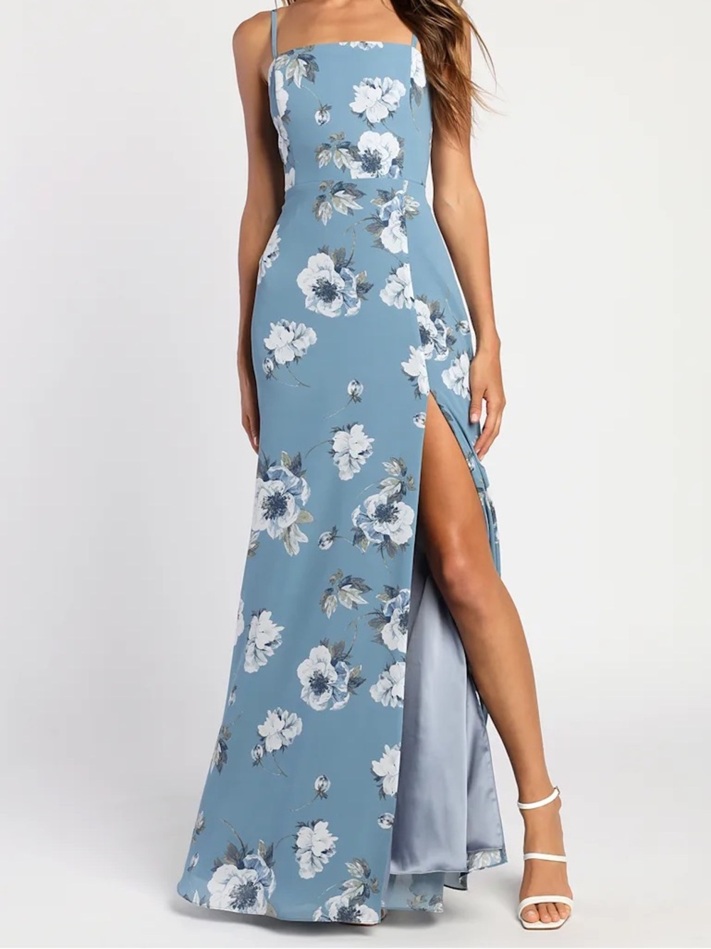 Feeling Elegant Slate Blue Floral Print Lace-Up Slit Maxi Dress